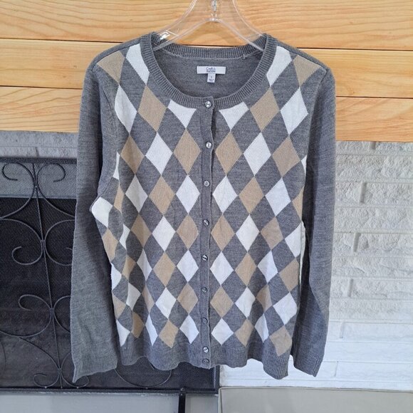 Croft And Barrow Women's Large Argyle Cardigan Sweater Preppy Career Clueless - Picture 1 of 9